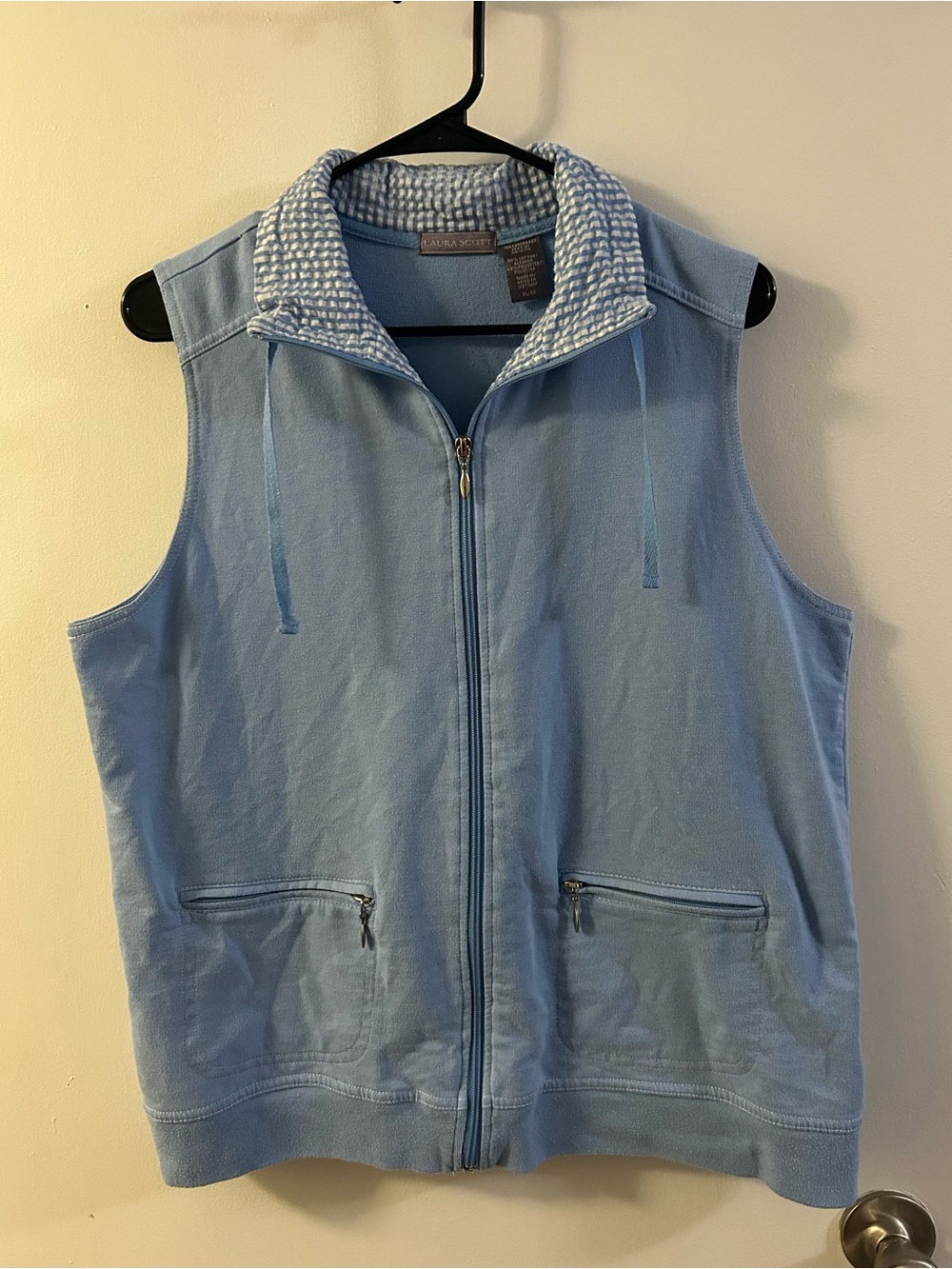 Laura Scott Light Blue Sleeveless Zip-Front Vest with Gingham
